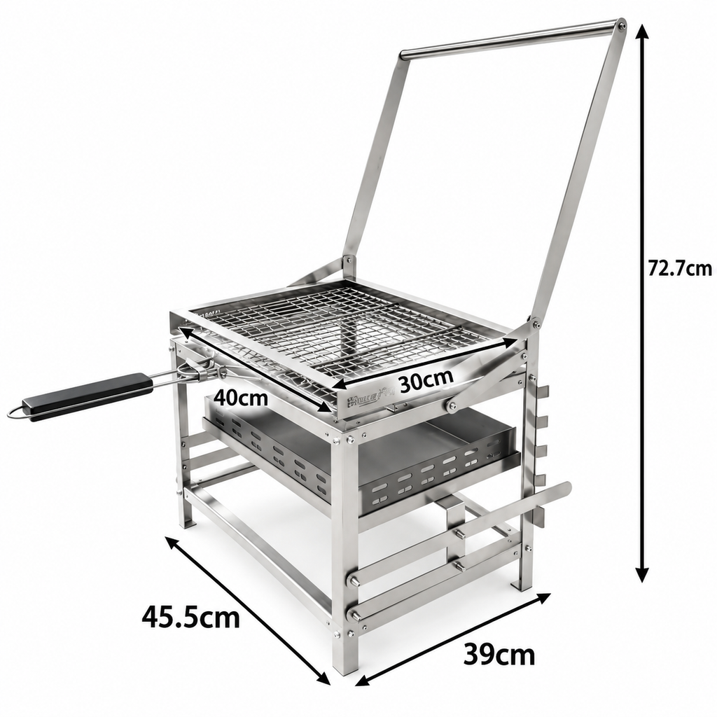 Outdoor BBQ grill, stainless steel, 180˚ rotating grill.
