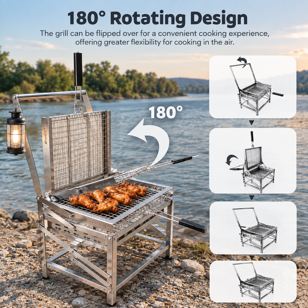 Outdoor BBQ grill, stainless steel, 180˚ rotating grill.
