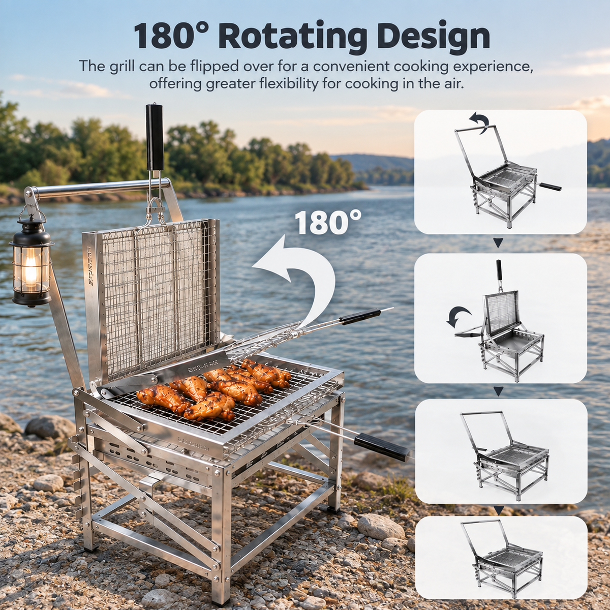 Outdoor BBQ grill, stainless steel, 180˚ rotating grill.