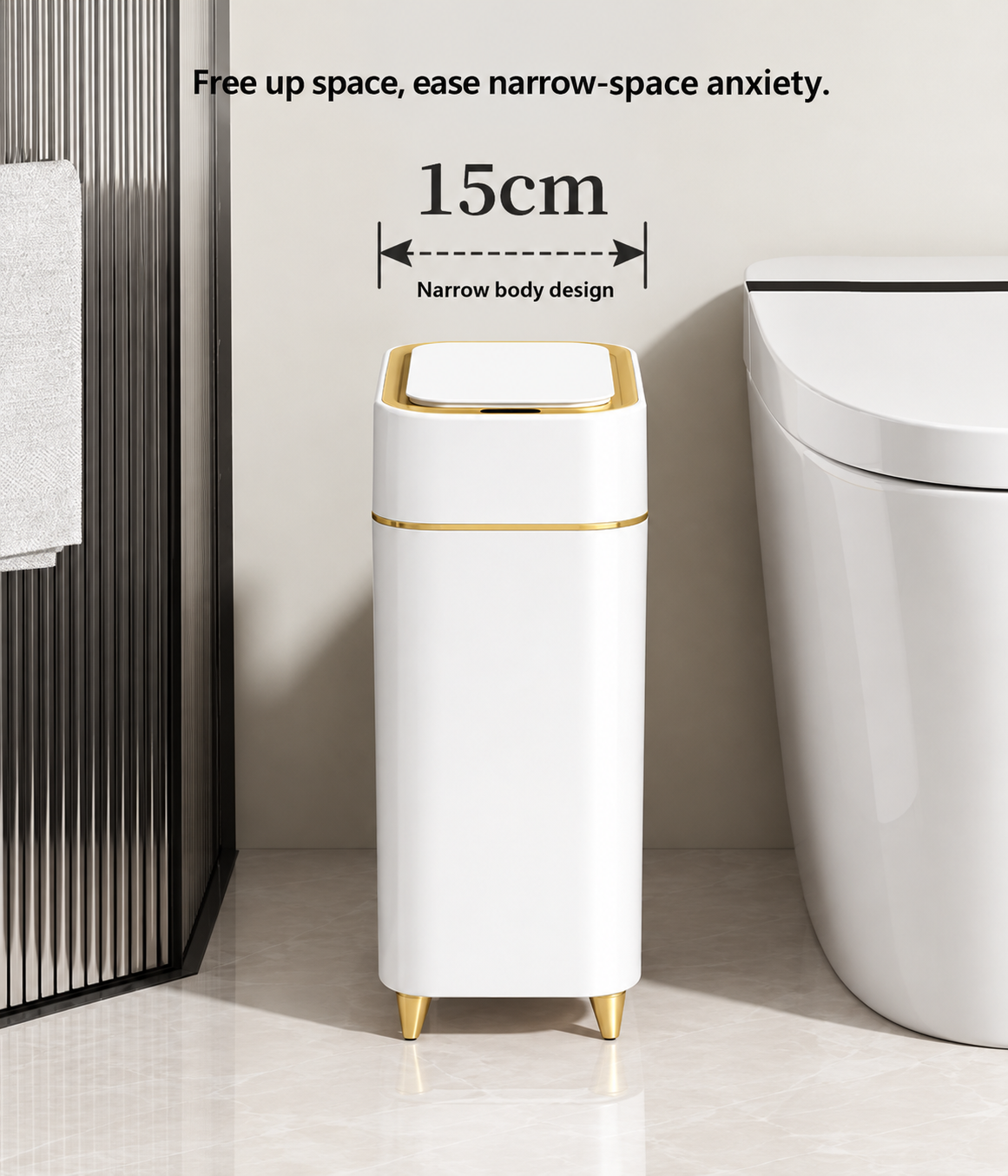 Smart trash can with sensor and automatic bag suction.