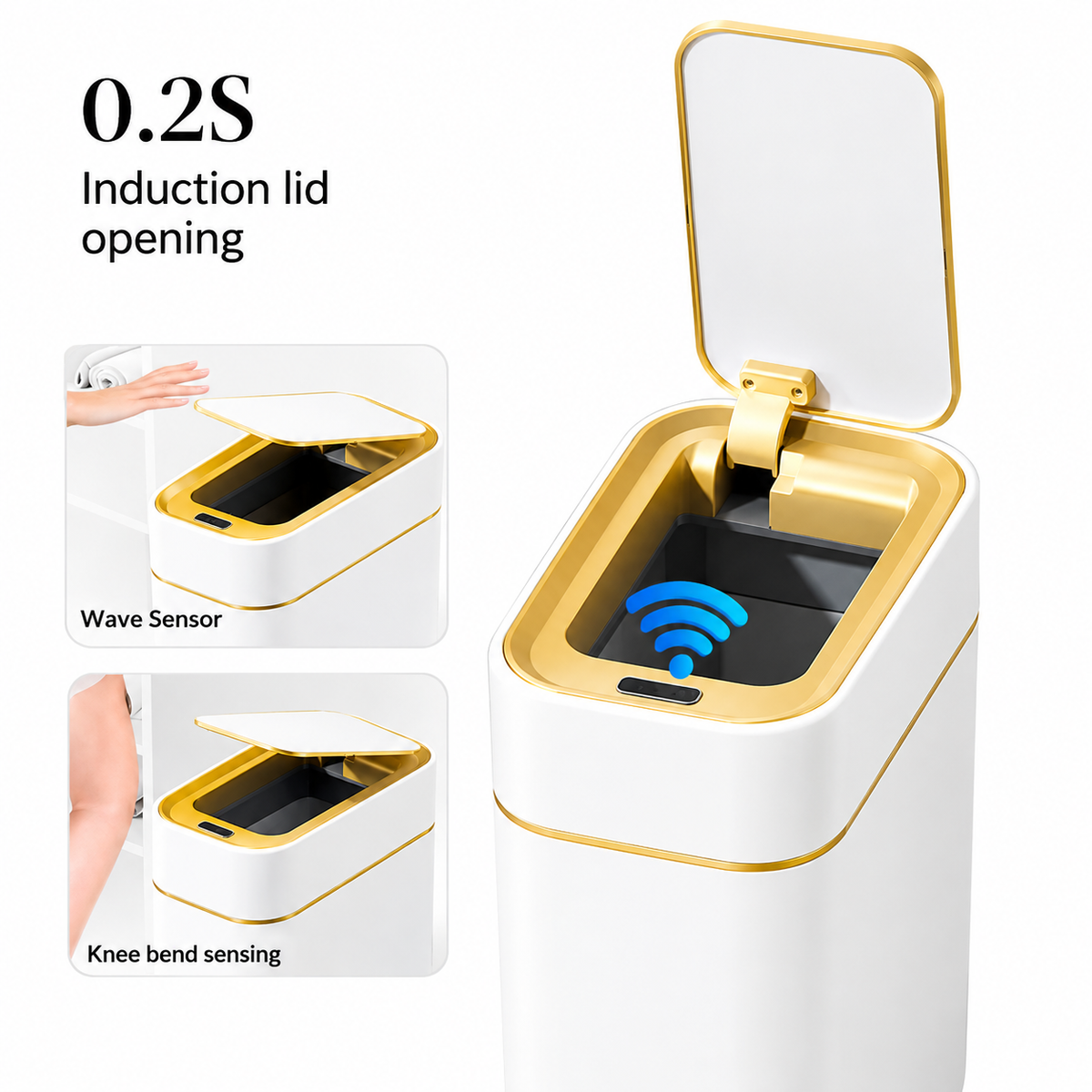 Smart trash can with sensor and automatic bag suction.
