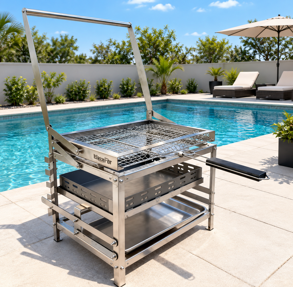 Outdoor BBQ grill, stainless steel, 180˚ rotating grill.