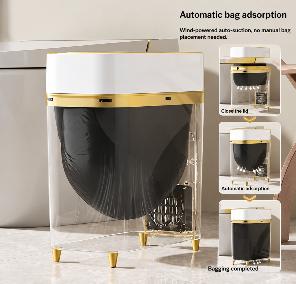 Smart trash can with sensor and automatic bag suction.