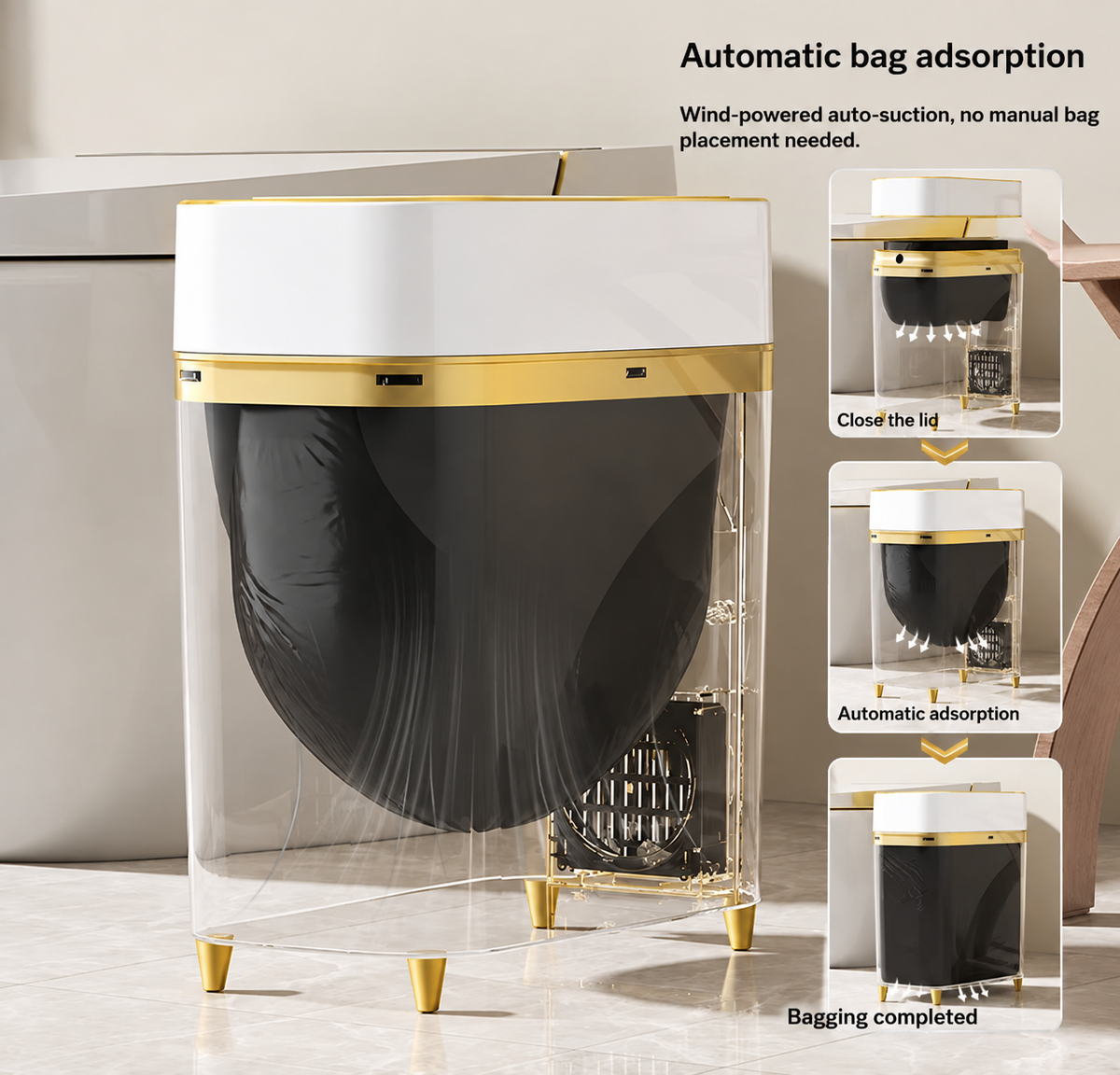 Smart trash can with sensor and automatic bag suction.
