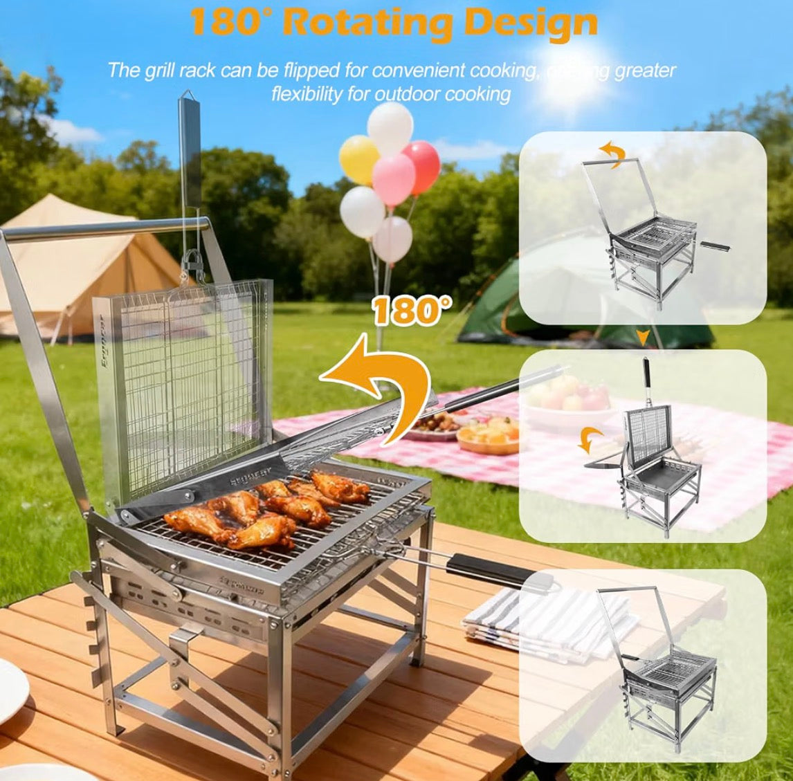Adjustable Charcoal Grill with 180° Rotating Grate